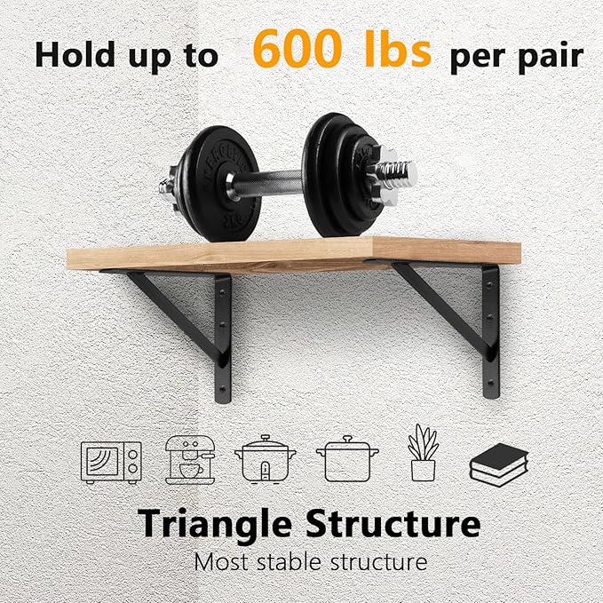 Heavy Duty Shelf Brackets 12 x 8 inches, 6 Pack Black Metal Shelves Supports, Load Capacity: 600 lb, Wall Mounted Angle L Floating Shelf Bracket, Rough Texture Powder Coating, HOME MASTER HARDWARE