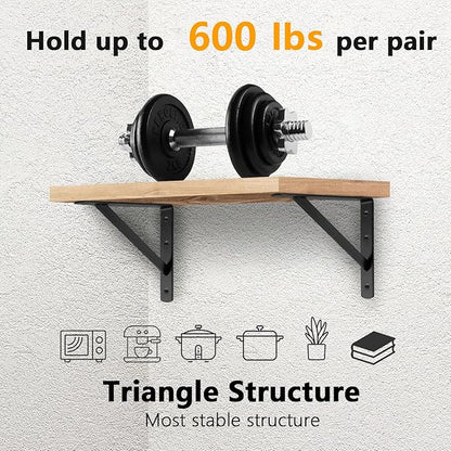 Heavy Duty Shelf Brackets 12 x 8 inches, 6 Pack Black Metal Shelves Supports, Load Capacity: 600 lb, Wall Mounted Angle L Floating Shelf Bracket, Rough Texture Powder Coating, HOME MASTER HARDWARE