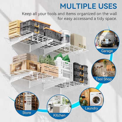 2-Pack 2x4ft Garage Wall Shelving, 24"x48" Shelf Storage Rack Floating Shelves Wall Mounted, Heavy Duty Storage Shelves, 800lbs Load Capacity, with 8 Hooks for Garage Organization, White