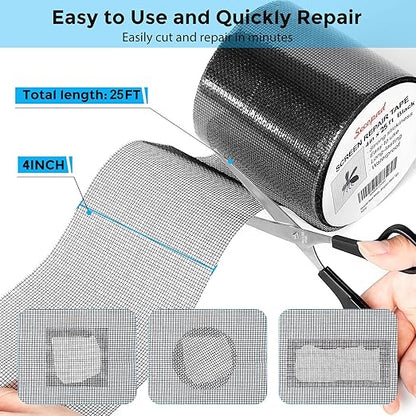 Black Window Screen Repair Tape, 4IN X 25FT (300IN) Screen Repair Kit for Windows or Doors, Strong Adhesive Patch Kit Fiberglass Mesh Tape