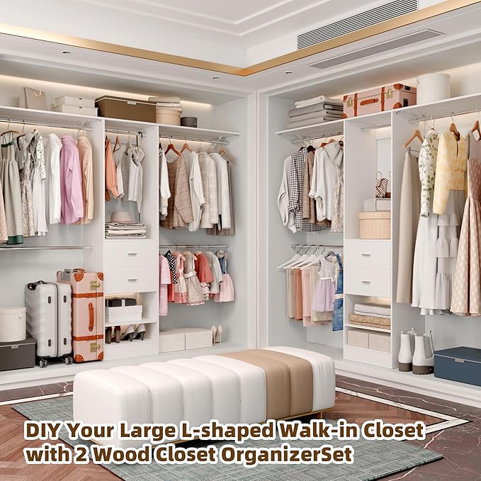 Closet System, Closet Organizer System With 2 Wood Drawers, Walk-In Closet Storage System With 5 Hanging Rods, Adjustable Cloth Garment Rack, Fits Spaces 4 to -9FT, White