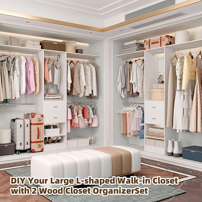 Closet System, Closet Organizer System With 2 Wood Drawers, Walk-In Closet Storage System With 5 Hanging Rods, Adjustable Cloth Garment Rack, Fits Spaces 4 to -9FT, White