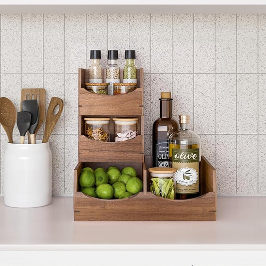 Seville Classics Premium Organizer Storage Bins for Kitchen Silverware, Pantry, Closet, Office Desk, Pens, Utensils, Makeup, K Cup, Acacia, Stackable Bin Set (3 Piece)