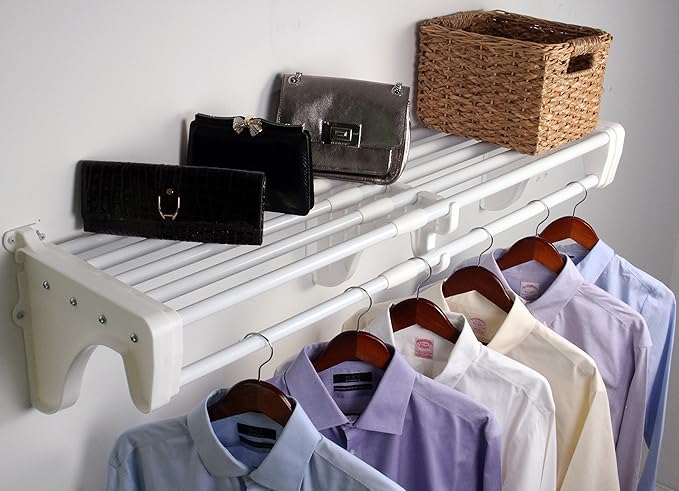 EZ Shelf - Closet Shelf with Hanging Rod - 30” to 50" Expandable, White, Closet Shelves – Strong, Holds 200 lbs – Easy Install – Backwall (Floating) with 2 End Brackets, Alternative to Wire Shelving