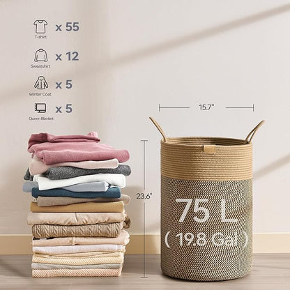 Laundry Hamper 75L,Large Laundry Basket for Clothes,Decorative Storage Basket for Blankets,Cotton Rope Woven basket for bedroom,Dark Brown