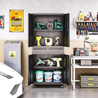 Metal Garage Storage Cabinet with 4 Wheels,Lockable Storage Cabinet with Adjustable Shelves and 1 Drawer,Rolling Tool Cabinet for Workshop Garage and School(Black)