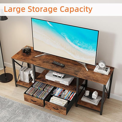 GYIIYUO TV Stand with Fabric Drawers for 65 70 75 Inches TV - Entertainment Center and Industrial TV Console Table with Open Storage Shelves for Living Room, Bedroom - 63" Rustic Brown