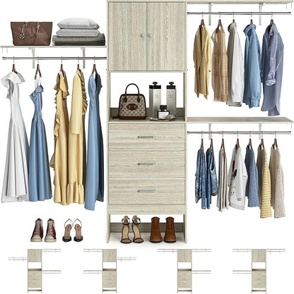 Armocity 96 Inches Closet System with Doors, 8FT Walk In Closet Organizer with 3 Shelving Towers, Heavy Duty Clothes Garment Rack with 3 Wood Drawers, 96"L x 16"W x 80"H, Max Load 1000 LBS, White Oak
