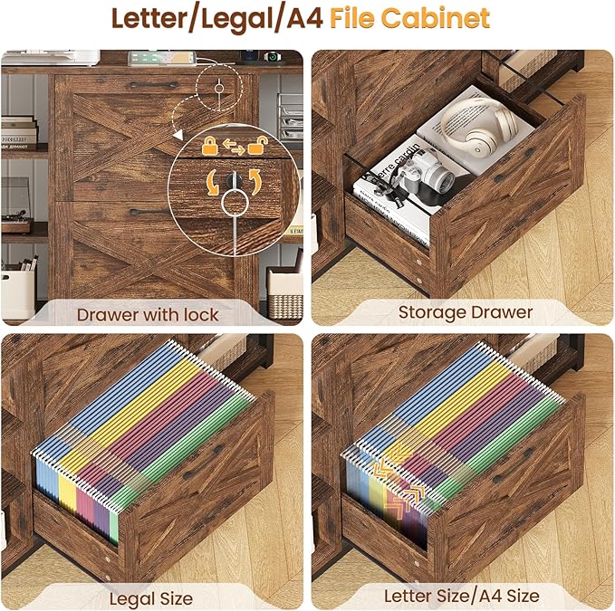 SEDETA File Cabinet, Filing Cabinet fits Legal/Letter/A4 Size, 2 Drawer Filing Cabinets for Home Office with Lock, Power Strip and Open Storage Shelves, Rustic Brown