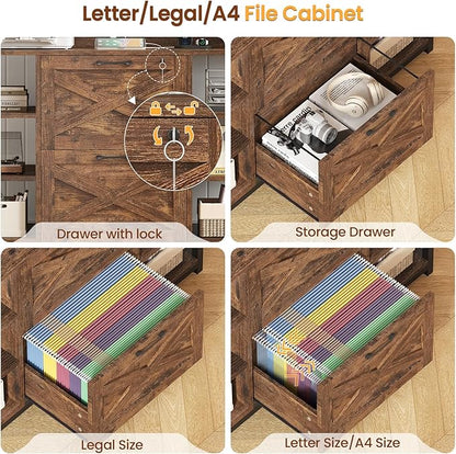 SEDETA File Cabinet, Filing Cabinet fits Legal/Letter/A4 Size, 2 Drawer Filing Cabinets for Home Office with Lock, Power Strip and Open Storage Shelves, Rustic Brown