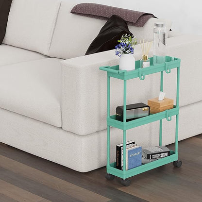 Simple Houseware 3-Tier Slim/Narrow Storage Cart with Handle, 5.5'' Wide x 26.5'' Height Rolling Organizer for Kitchen, Bathroom, Laundry Room - Turquoise