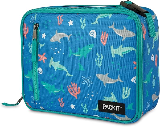 PackIt Freezable Classic Lunch Box, Sea Shark, Built with EcoFreeze® Technology, Collapsible, Reusable, Zip Closure With Zip Front Pocket and Buckle Handle, Designed for Fresh Lunch On the Go