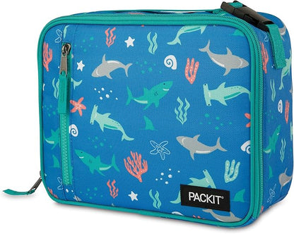 PackIt Freezable Classic Lunch Box, Sea Shark, Built with EcoFreeze® Technology, Collapsible, Reusable, Zip Closure With Zip Front Pocket and Buckle Handle, Designed for Fresh Lunch On the Go