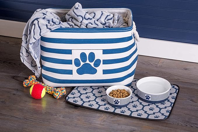 Bone Dry Pet Storage Collection Striped Paw Patch Bin, Large Rectangle, Navy