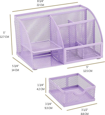 Annova Mesh Desk Organizer Office with 7 Compartments + Drawer/Desk Tidy Candy/Pen Holder/Multifunctional Organizer (Light Purple)