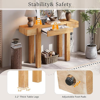 SOFTSEA Rustic Entryway Table with Hidden Drawer, Wood Console Table with Side Power Outlet, Sofa Table for Living Room Office, Natural