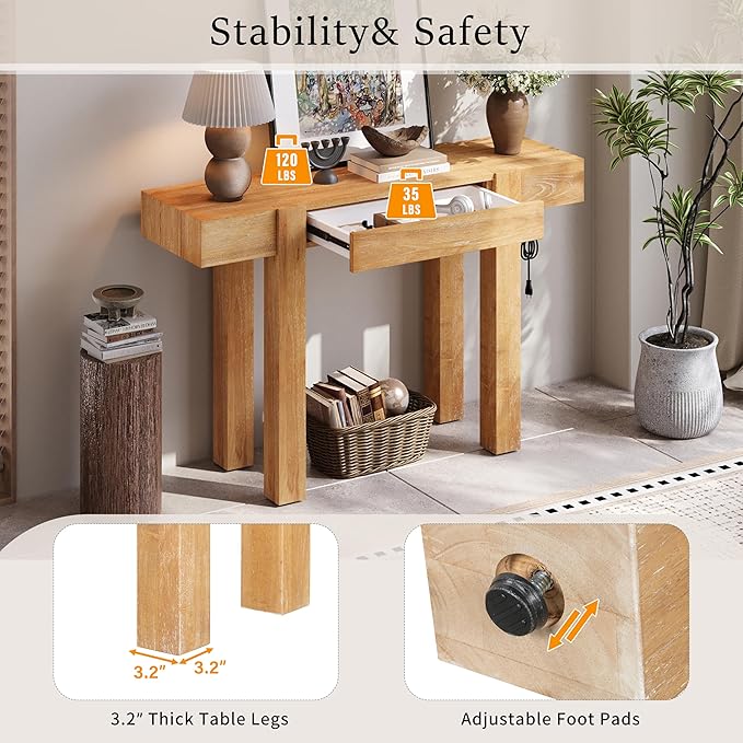Quarte Rustic Minimalist Console Table with Hidden Drawer, Side Power Outlet,Wood Entryway Table for Entryways, Living Rooms and Home Offices (Natural/R1)