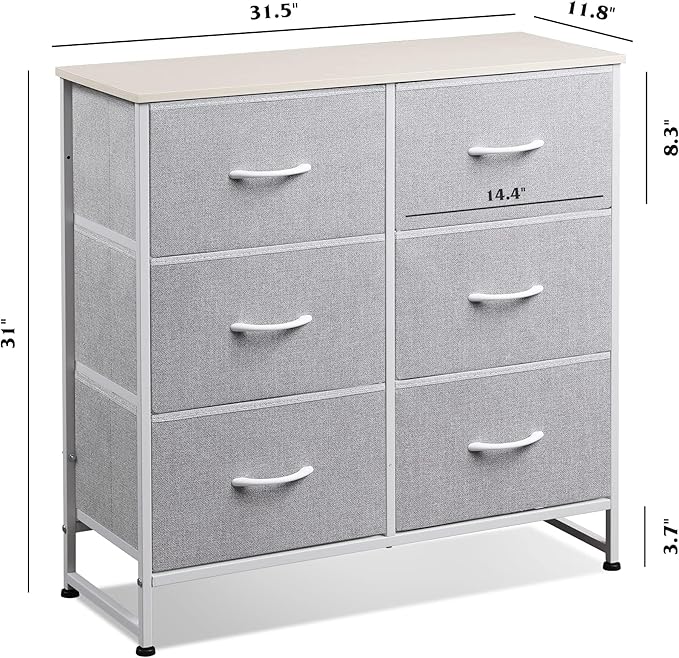 WLIVE Fabric Dresser for Bedroom, 6 Drawer Double Dresser, Closet Dresser with Fabric Bins, Chest of Drawers for Closet, Living Room, Hallway, Light Grey