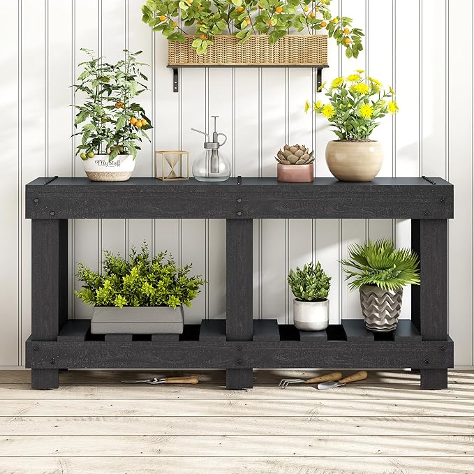 62.9-Inch Extra-Length Tabletop Vintage Entryway Table, Solid Cedar Wood Console Table with 6 Reinforced Legs, Metal Rivet Decor and Plank Under-Shelf for Hallway, Living Room (Black-J41)