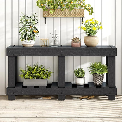62.9-Inch Extra-Length Tabletop Vintage Entryway Table, Solid Cedar Wood Console Table with 6 Reinforced Legs, Metal Rivet Decor and Plank Under-Shelf for Hallway, Living Room (Black-J41)