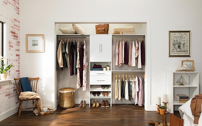 ClosetMaid SuiteSymphony Wood Closet Organizer Starter Kit with Tower and 3 Hang Rods, Shelves, Adjustable, Fits Spaces 5 – 10 ft. Wide, Pure White