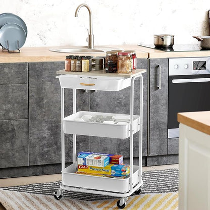 Simple Houseware 3-Tier Rolling Utility Cart with Drawer & Wood Tabletop - Mobile Sofa Side Table, Nightstand, Slim Storage Organizer Trolley for Bedroom, Bathroom, Office & Art Supplies, Maple