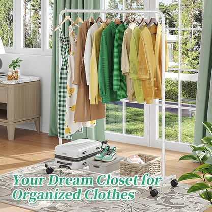 Simple Trending Standard Clothes Clothing Garment Rack with Storage Shelves, Rolling Clothes Organizer on Wheels for Hanging Clothes, White
