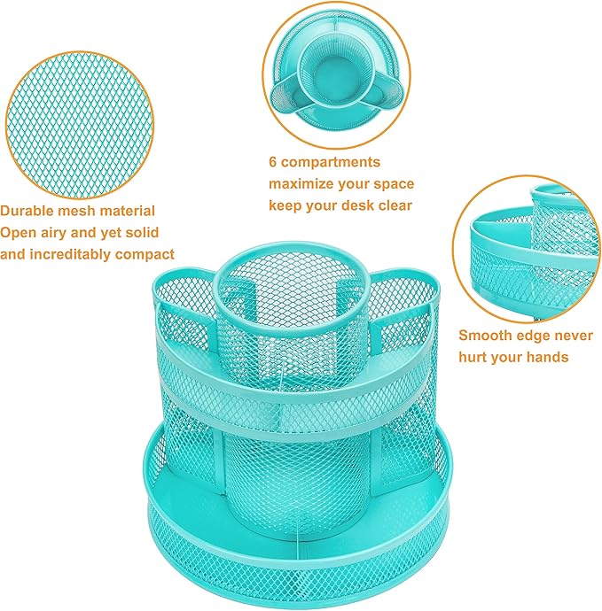 Annova Mesh Desk Organizer Rotate with 5 Compartments Round Spinning Tidy Candy/Pen Holder Desk Accessories Office, Art Supply, Storage, Classroom, Home (Turquoise)