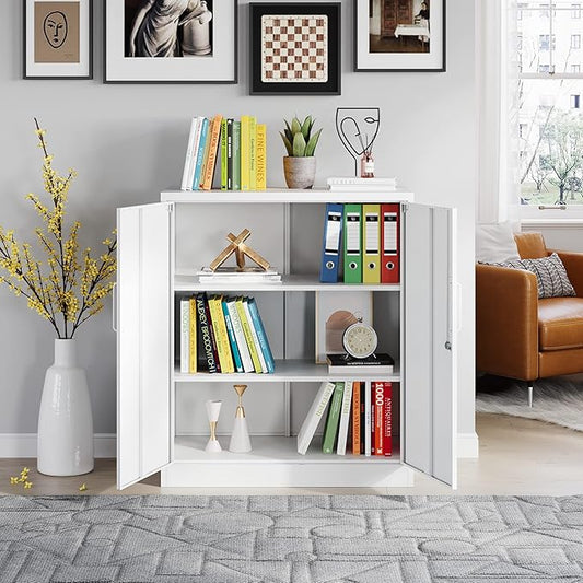 MIIIKO Metal Storage Cabinet with Locking Doors, 2-Door Locker with 2 Shelves, White Metal Cabinet with Lock for Home Office, Garage, Utility Room, Kitchen and School