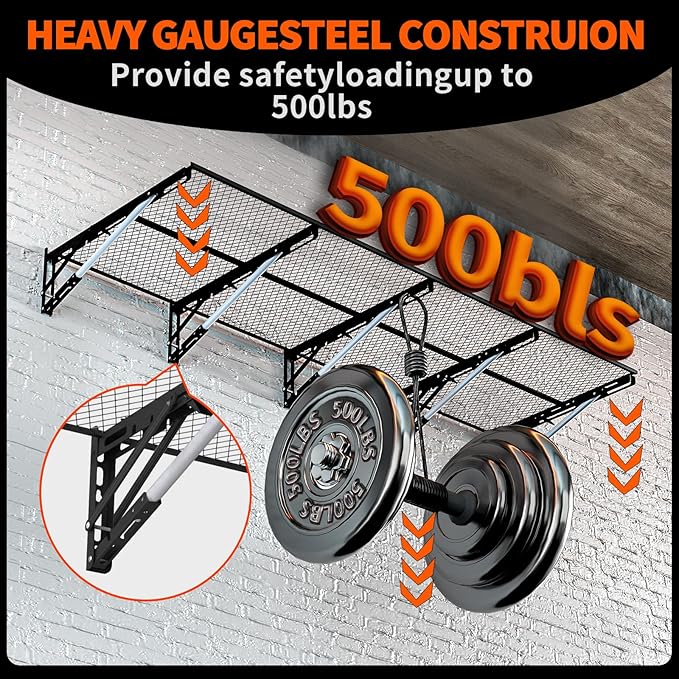 Heavy Duty Foldable Garage Storage Shelves Wall Mounted Metal Rack Unit Organizer with Removable Edge Barriers, Adjustable System for Corner Wall Use, 69.96 Inch Long 24.45 Inch Large