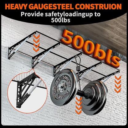 Heavy Duty Foldable Garage Storage Shelves Wall Mounted Metal Rack Unit Organizer with Removable Edge Barriers, Adjustable System for Corner Wall Use, 69.96 Inch Long 24.45 Inch Large