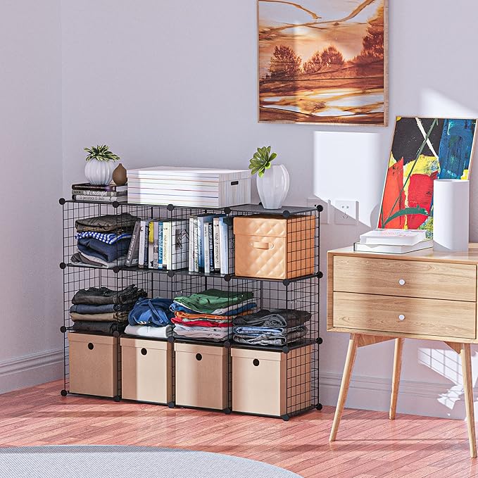 HUBSON Wire Cube Storage Organizer, Book/Toy/Craft/Potted Plants and petCloset Organizers and Storage Shelves, 12-Cube Freely Combinable Metal Grids Storage Shelf,Black Plus Iron
