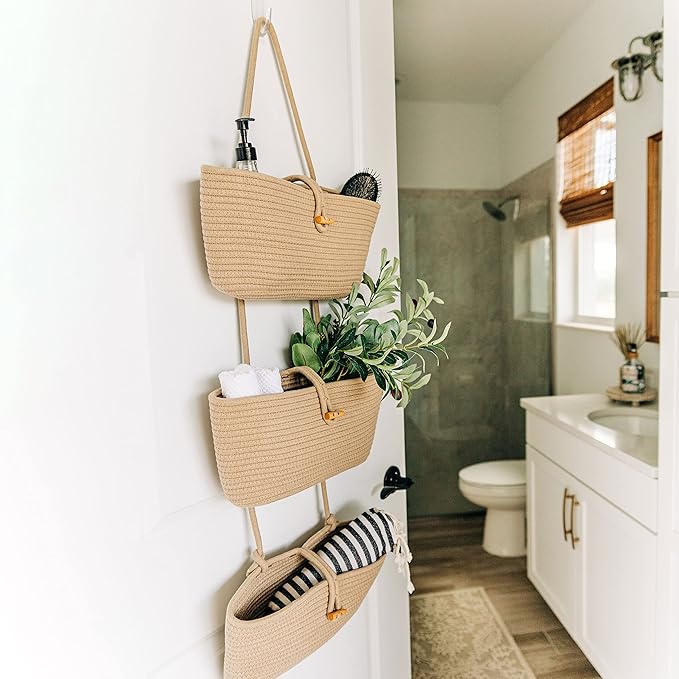 OrganiHaus Over the Door Hanging Basket for Organizing, 3-Tier Hanging Wall Basket for Storage, Boho Nursery Decor for Wall, Behind Door Wall Storage, Wall Organizer for Office, Wall Toy Storage Honey