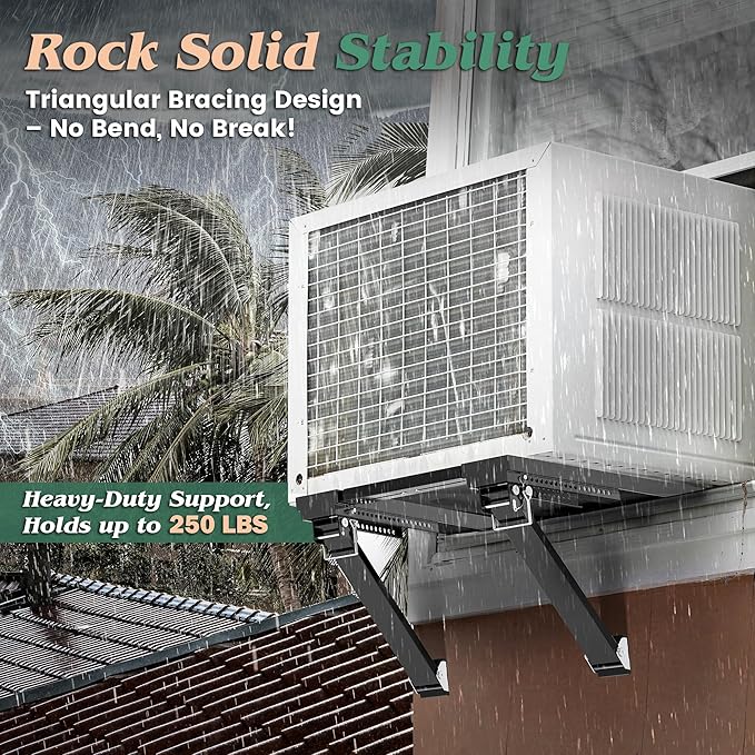 Upgraded No-Drill Window AC Bracket, Adjustable Window Air Conditioner Support for Single/Double Hung Windows, Heavy-Duty Holds 250lbs,Easy Installation, Rustproof Aluminum, Renter Friendly