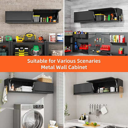 Metal Garage Wall Cabinet, Floating Garage Tool Cabinets with Up-Flip Door,13.8''H Hanging Wall Mounted Storage Cabinet for Garage, Warehouse, Kitchen, Bathroom, Workshop, RV, Black
