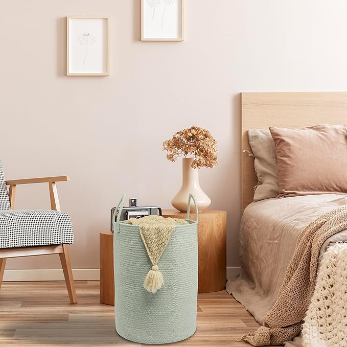 Cotton Rope Laundry Basket Hamper for Clothes Woven Storage Basket for Living Room Bedroom Boho Tall Rope Baskets for Blanket Toys Pillow Towels Baby Nursery Hamper Bin green Large