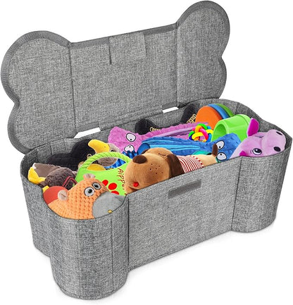 Lukeline Large Dog Toy Basket, Bone Shape Dog Toy Storage Box, Foldable Fabric Storage Bin for Pet toys and Pet Supplies, 26.4 * 12.6 * 9.5 Inches (1 Pack-Grey-Lid)