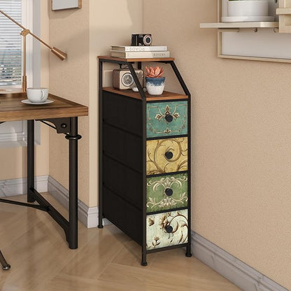 Tohomeor Narrow Dresser Tall Skinny Storage Tower Vertical Slim Chest of Drawers with Charging Station Small Nightstand Side Table for Bedroom, Bathroom, Small Spaces (Retro Flower, 4 Drawers)
