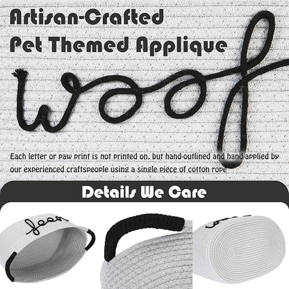 Sea Team Dog Toy Storage Basket with Handles, 16.5 x 11 x 7 Inches, 4.4 Gallons Large Cotton Rope Storage Bin, Shelf Basket, Organizer for Pet Chew Toys, Foods, Grey Woof