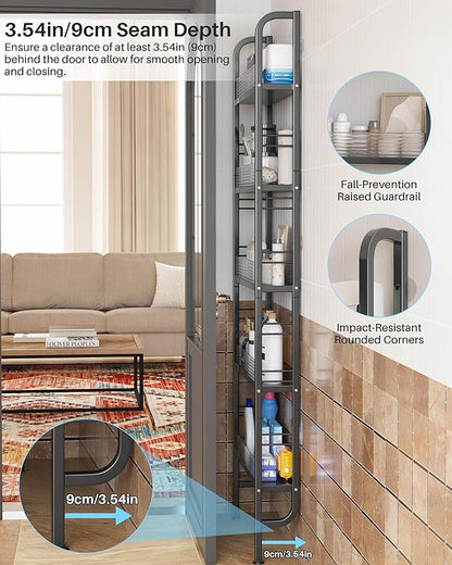 UMDONX Behind The Door Bathroom Shelf Narrow 5-Tier, Slim Space-Saving Storage Shelf, Freestanding Narrow Shelving Unit for Bathroom, Kitchen, Closet and Laundry Room Black