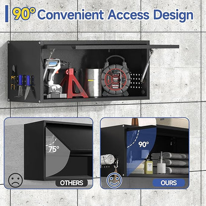 Metal Garage Wall Cabinet,Float Tool Cabinets with Up-Flip Door,Wall Mounted Metal Steel Cabinet for Garage/Home Office/RV/Ware House（Black/13.8" H）
