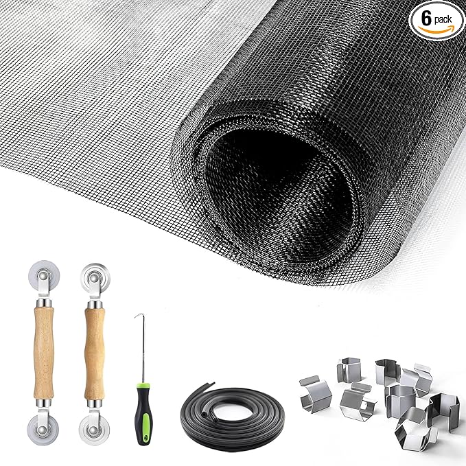 King&Charles Window Screen Door Repair/Replacement Kit, Include Black Screen Mesh 59"x106"+ 2 Roller+50Ft Spline+8Clips+Hook, 6 in 1 Window Mesh Kit, Steel/Nylon Bearing Roller