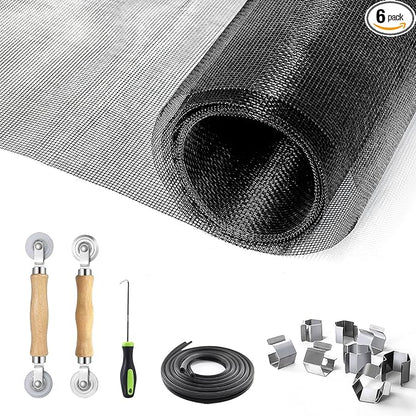 King&Charles Window Screen Door Repair/Replacement Kit, Include Black Screen Mesh 59"x106"+ 2 Roller+50Ft Spline+8Clips+Hook, 6 in 1 Window Mesh Kit, Steel/Nylon Bearing Roller