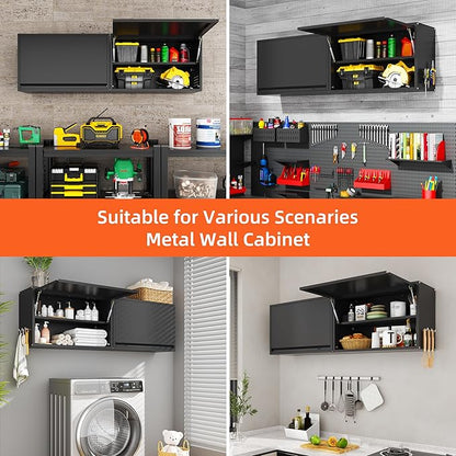 Garage Wall Cabinet, Floating Metal Wall Cabinet with Up-Flip Door and Shelves,19.7''H Hanging Wall Mounted Storage Cabinet for Garage, Warehouse, Workshop, RV
