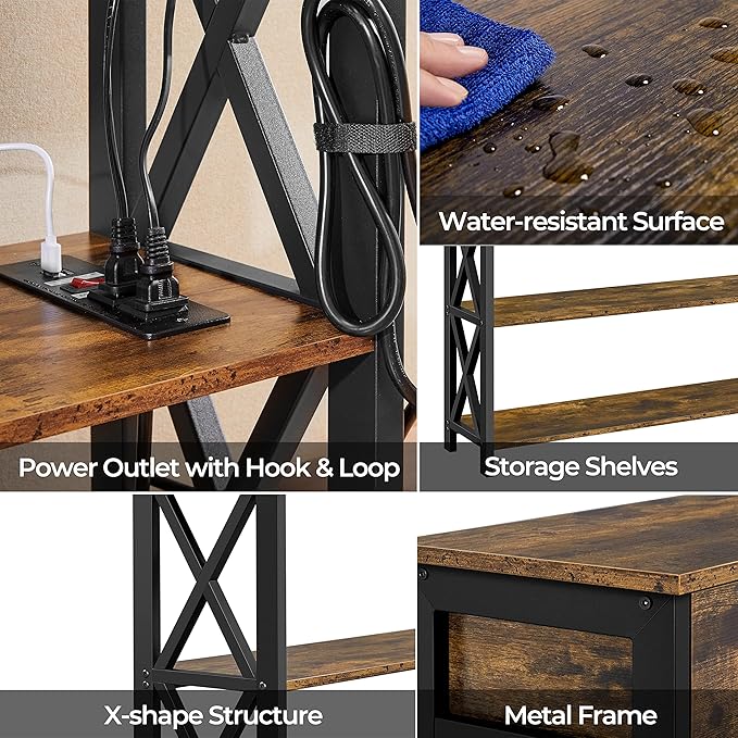 Yaheetech Console Table with 2 Outlets and 2 USB Ports, Industrial Entryway Table with Drawer and Storage Shelves, Narrow Sofa Tables with Metal Frame for Living Room, Hallway, Rustic Brown