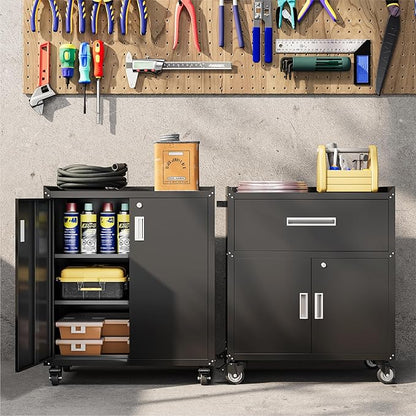 COFaR Rolling Tool Cabinet, 1-Drawer & 2-Door Metal Storage Cabinet with Adjustable Shelf, Lockable Wheels & Locking Doors, 35" H Heavy Duty Garage Tool Chest for Workshop, Garage, Office - Black