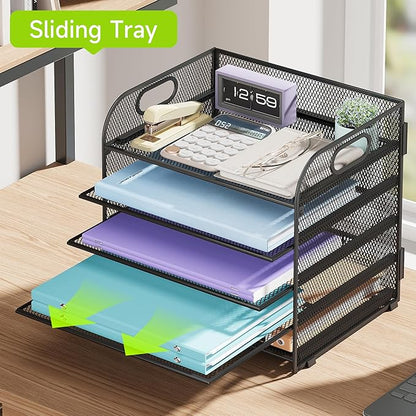 2 Pack 5 Tier Paper Organizer, Letter Tray with Handle, Mesh Desk Organizer, Metal File Organizer, Office Desk Accessories for Home, Office, Classroom, School -Black