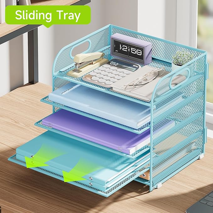 2 Pack 5 Tier Paper Organizer, Letter Tray with Handle, Mesh Desk Organizer, Metal File Organizer, Office Desk Accessories for Home, Office, Classroom, School -Blue
