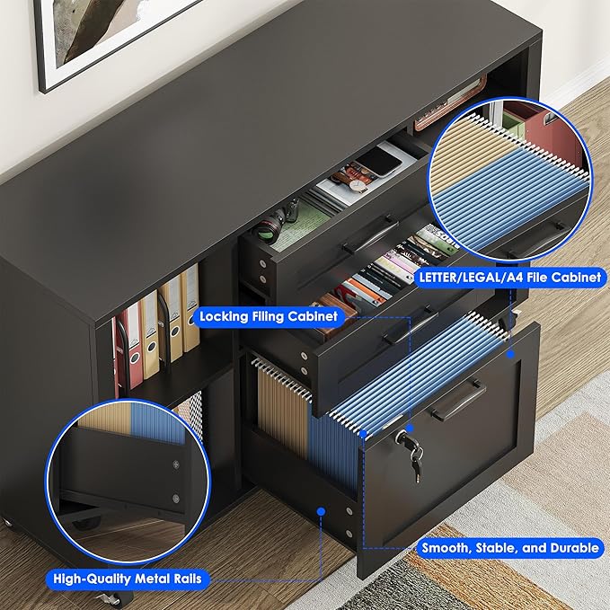 3 Drawer Wood Mobile Large lateral File Cabinet with Lock, Lockable Rolling Filing Cabinet with Open Storage Shelves, Printer Stand Office Storage for Home Office Fits Files Legal/A4, Black