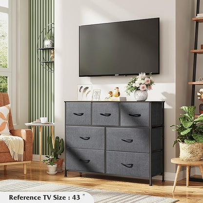 WLIVE 7 Drawer Dresser TV Stand, Entertainment Center, Media Console Table with Metal Frame and Wood Top for TV up to 45 inch, Chest of Drawers for Bedroom, Living Room, Dark Grey